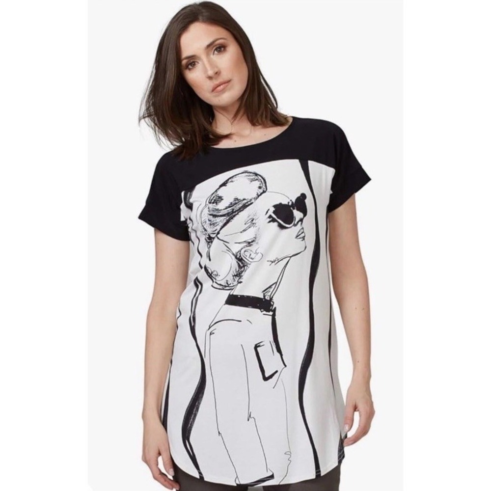 Joseph Ribkoff Women's Tunic Top Graphic Print Face Shirt Artsy Black Sz 10 US‎
